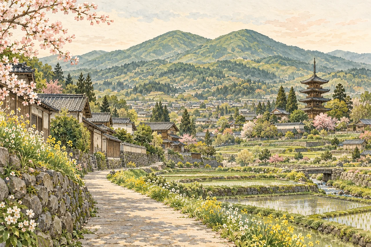 葛城の二上山・寺院・街道と田園をイメージしたイラスト